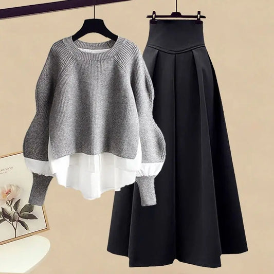 Women Spring Autumn Two Pieces Sets Korean Long Sleeve Pullover Knitted Sweater And Pleated skirt Long Suit