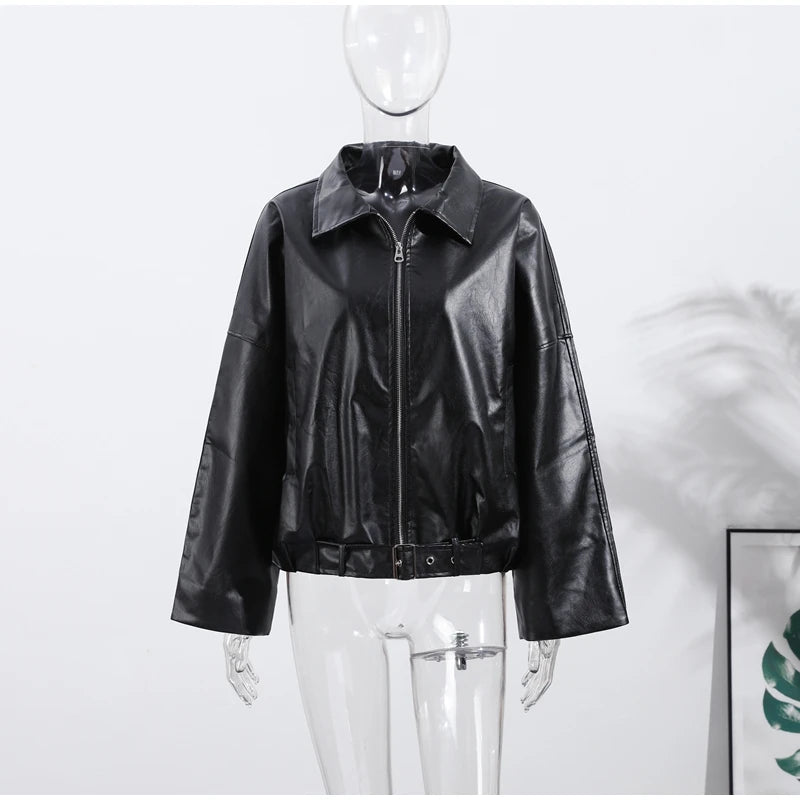 Vintage PU Leather Bomber Jackets 2025 Autumn New Ladies Zipper Lapel Long Sleeve Pocket Coat With Belt Women's Loose Streetwear