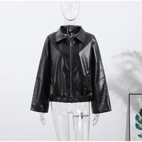Vintage PU Leather Bomber Jackets 2025 Autumn New Ladies Zipper Lapel Long Sleeve Pocket Coat With Belt Women's Loose Streetwear