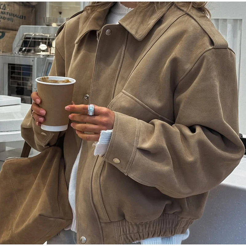 Street Fashion Women's Suede Jacket Loose Khaki Lapel Zipper Long Sleeve Bomber Coat 2025 Autumn Winter New Lady Outwears
