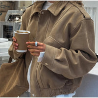 Street Fashion Women's Suede Jacket Loose Khaki Lapel Zipper Long Sleeve Bomber Coat 2025 Autumn Winter New Lady Outwears