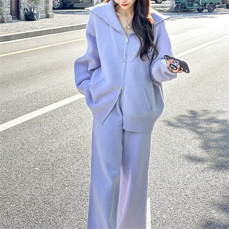 Spring Autumn Fashion Casual Loose Two Piece Set Knitted Zipper Long Sleeve Warm Cardigan Coat+Wide Leg Pants Suit Women Outfit