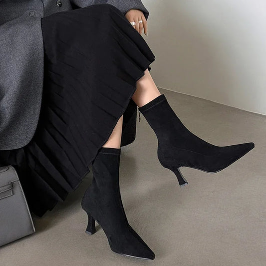 Vintage Women Ankle Boots Fashion Pointed Toe Shoes Autumn Winter High Heel Ladies Elegant Stretch Slim Short Booties
