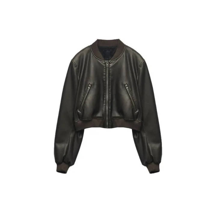 ZBZA Women's PU Leather Jacket Coat Solid Long Sleeves Crew Neck Zipper Pocket Bomber Short Outerwear Fall Winter New Female Top