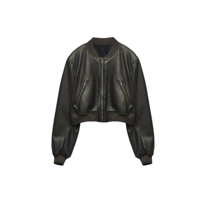 ZBZA Women's PU Leather Jacket Coat Solid Long Sleeves Crew Neck Zipper Pocket Bomber Short Outerwear Fall Winter New Female Top