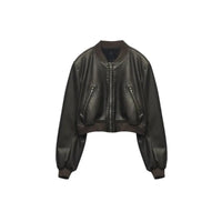 ZBZA Women's PU Leather Jacket Coat Solid Long Sleeves Crew Neck Zipper Pocket Bomber Short Outerwear Fall Winter New Female Top