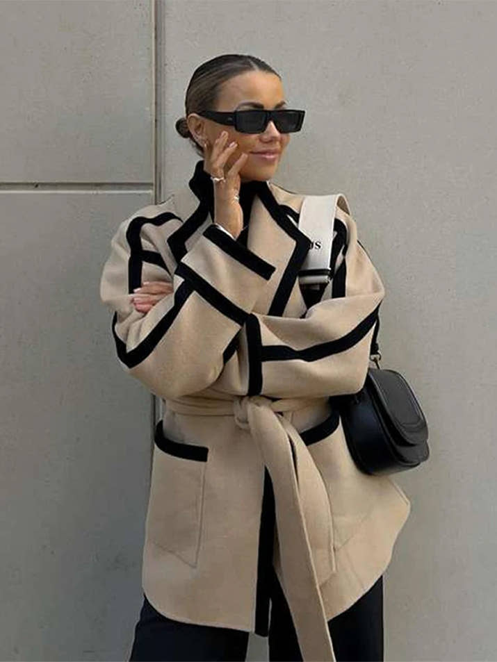 Women's Long Sleeve Thicken Woolen Coat Casual Autumn Jacket with Belt Pockets Spliced Contrast Design for Commuter Outwear