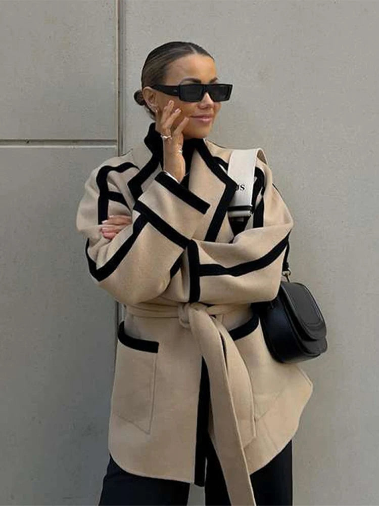 Women's Long Sleeve Thicken Woolen Coat Casual Autumn Jacket with Belt Pockets Spliced Contrast Design for Commuter Outwear