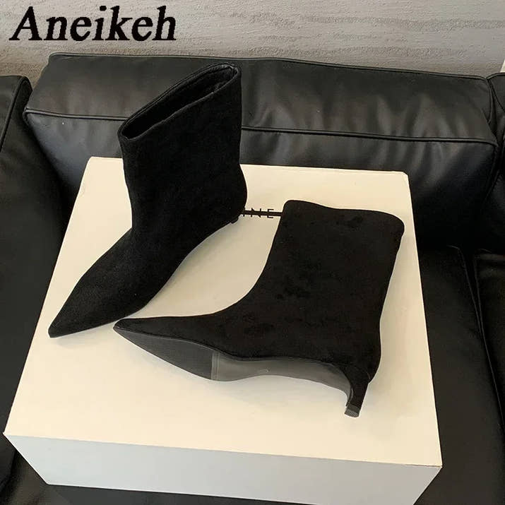 Aneikeh Sexy Women Pointed Toe Vintage Ankle Boots Thin Low Heel Warm Knight Boots Fashion Slip on Party Wedding Shoes Woman
