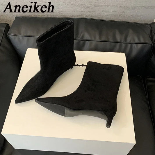 Aneikeh Sexy Women Pointed Toe Vintage Ankle Boots Thin Low Heel Warm Knight Boots Fashion Slip on Party Wedding Shoes Woman