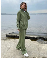 Two Piece Set Women Knitted Tracksuits Elagant Turtleneck Long Sleeve Pullovers Top+High Waist Casual Pants Outfits 2025 Winter