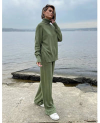 Two Piece Set Women Knitted Tracksuits Elagant Turtleneck Long Sleeve Pullovers Top+High Waist Casual Pants Outfits 2025 Winter