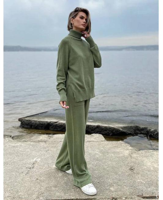 Two Piece Set Women Knitted Tracksuits Elagant Turtleneck Long Sleeve Pullovers Top+High Waist Casual Pants Outfits 2025 Winter