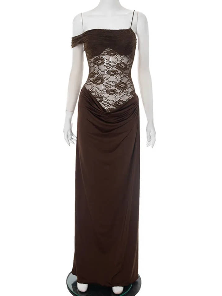 Mozision One Shoulder Lace See Through Sexy Maxi Dress Women Gown Fashion Off-shoulder Sleeveless Backless Club Long Dresses