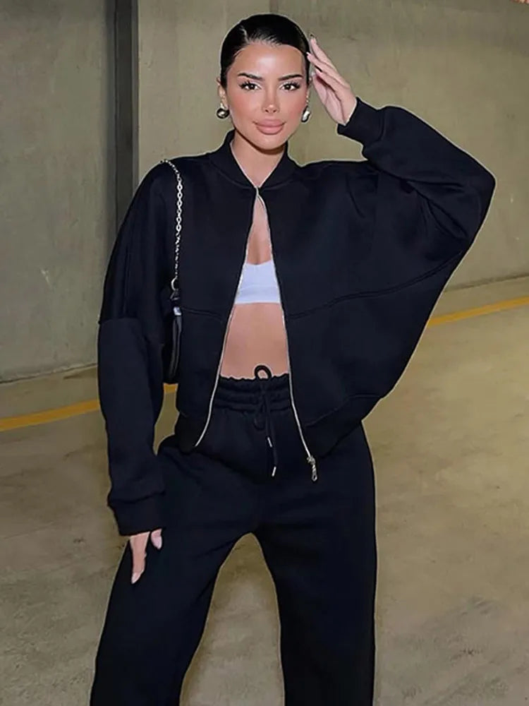 Tracksuit Suits Women's Sportswear 2-piece Retro Zipper Bomber Jacket Sweatshirt High-waisted Women's Loose Velvet Pants Suit