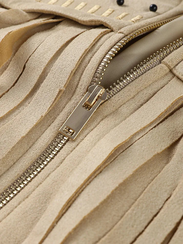 Designer Tassel Beading Jacket Women Vintage Turn-down Collar Long Sleeve Zipper High Street Coats 2025 Fashion Ladies Outerwear