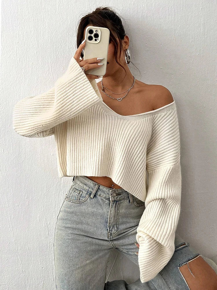 Fashion V-neck solid color knitted sweater loose top women's striped outfit with three-dimensional texture sweater