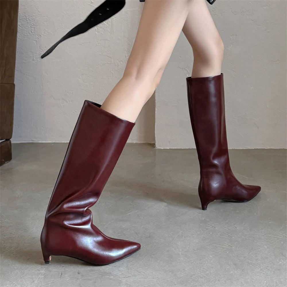 FEDONA Women Knee High Boots Cow Leather Kitten High Heels Long Warm Autumn Winter Knight Boots Female High Pointed Toe Boots