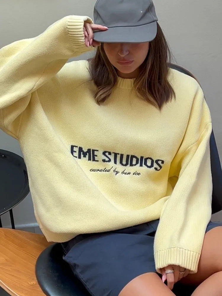 Yellow Knitted Letter Sweater Women Elegant Round Neck Long Sleeve Short Pullover Casual Lady New Street Autumn Holiday Sweaters