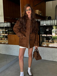 Women Dark Brown Suede Coats Lneck Pocket Single Breasted Pocket Long Sleeves Lady 2025 New Fashion Autumn Highstreet Outerwear