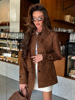 Women Dark Brown Suede Coats Lneck Pocket Single Breasted Pocket Long Sleeves Lady 2025 New Fashion Autumn Highstreet Outerwear