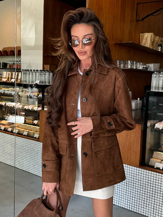 Women Dark Brown Suede Coats Lneck Pocket Single Breasted Pocket Long Sleeves Lady 2025 New Fashion Autumn Highstreet Outerwear