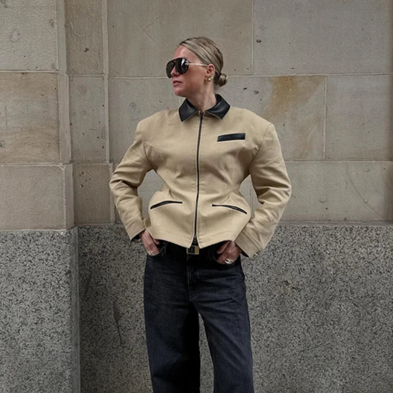 Leather Lapel Collar Double-head Zipper Short Jacket Casual High Street Style Coat 2025 Autumn Fashion Women's Clothing