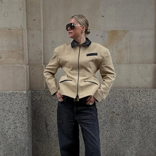 Leather Lapel Collar Double-head Zipper Short Jacket Casual High Street Style Coat 2025 Autumn Fashion Women's Clothing