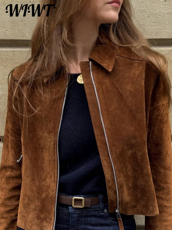 Vintage Suede Zippers Short Jackets Women Street Lapel Long Sleeve Pocket Jacket 2025 Autumn Winter New Lady High Street Outwear
