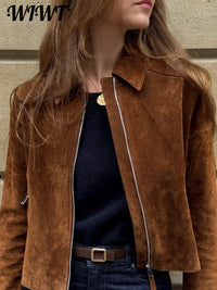 Vintage Suede Zippers Short Jackets Women Street Lapel Long Sleeve Pocket Jacket 2025 Autumn Winter New Lady High Street Outwear
