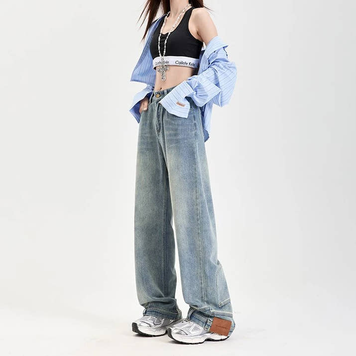 FINEWORDS Vintage Unique Design High Waist Wide Leg Jeans Streetwear Loose Jeans Easymatch Korean Full Length Denim Pants
