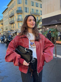 Fashion Short Red Leather Jacket Women Elegant Lapel Long Sleeve Zipper Loose Bomber Jackets Autumn Lady Street Outerwear
