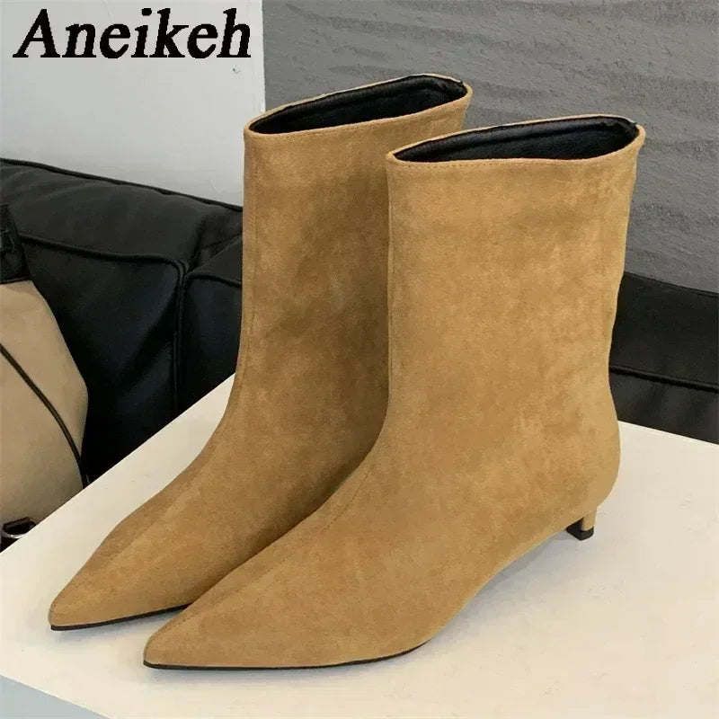 Aneikeh Sexy Women Pointed Toe Vintage Ankle Boots Thin Low Heel Warm Knight Boots Fashion Slip on Party Wedding Shoes Woman