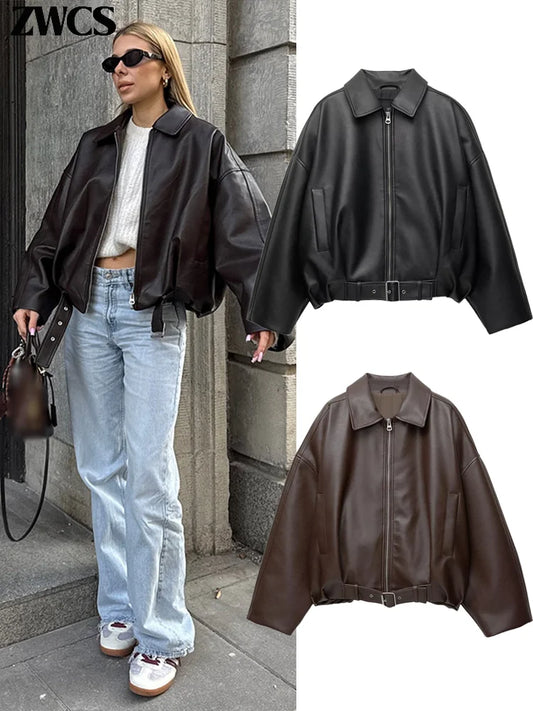 Vintage PU Leather Bomber Jackets 2025 Autumn New Ladies Zipper Lapel Long Sleeve Pocket Coat With Belt Women's Loose Streetwear