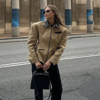 Leather Lapel Collar Double-head Zipper Short Jacket Casual High Street Style Coat 2025 Autumn Fashion Women's Clothing