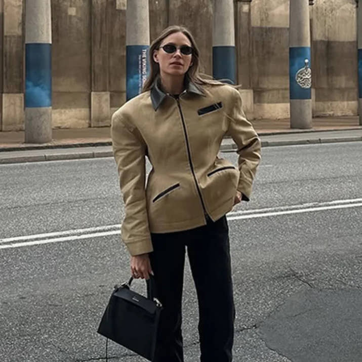 Leather Lapel Collar Double-head Zipper Short Jacket Casual High Street Style Coat 2025 Autumn Fashion Women's Clothing