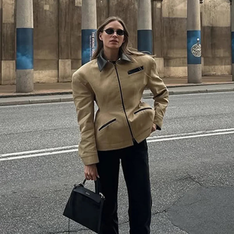 Leather Lapel Collar Double-head Zipper Short Jacket Casual High Street Style Coat 2025 Autumn Fashion Women's Clothing