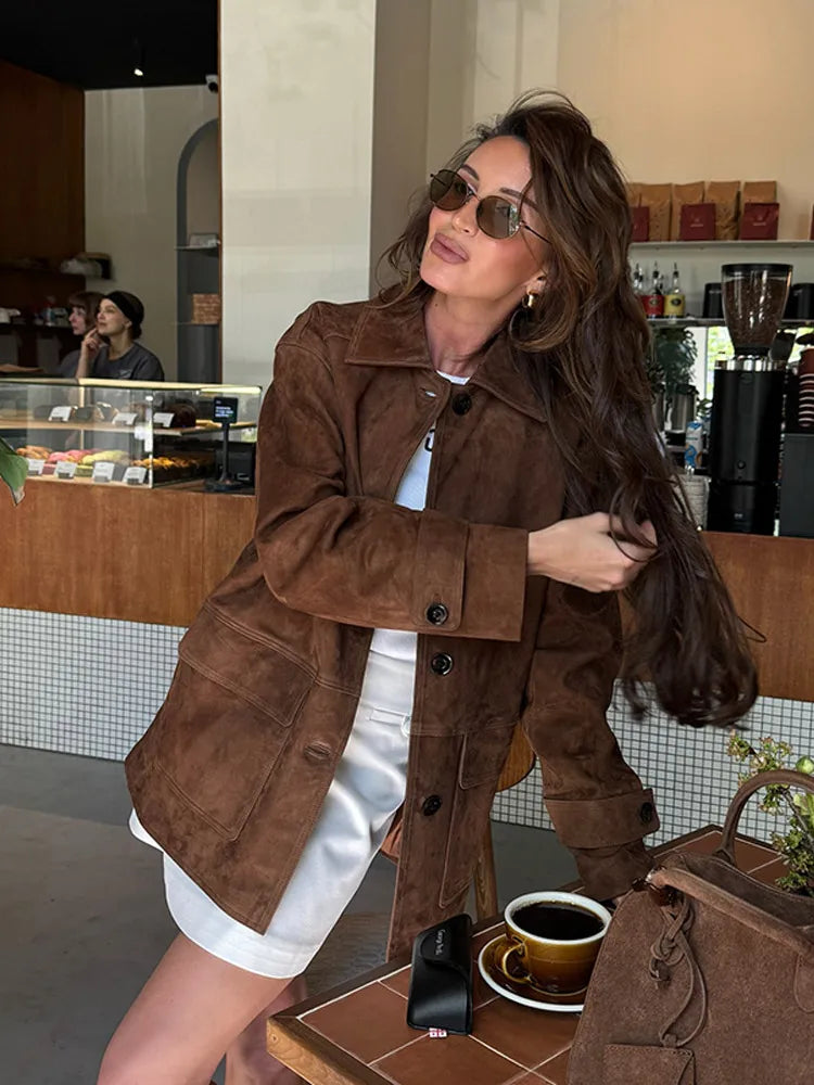 Women Dark Brown Suede Coats Lneck Pocket Single Breasted Pocket Long Sleeves Lady 2025 New Fashion Autumn Highstreet Outerwear