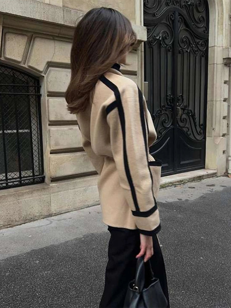 Women's Long Sleeve Thicken Woolen Coat Casual Autumn Jacket with Belt Pockets Spliced Contrast Design for Commuter Outwear