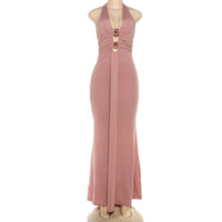 Sexy Deep V-neck Backless Halter Maxi Dresses Women's Sleeveless High Waist Bodycon Pleated Robe 2025 New Evening Party Gown