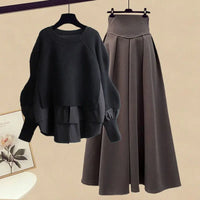 Women Spring Autumn Two Pieces Sets Korean Long Sleeve Pullover Knitted Sweater And Pleated skirt Long Suit
