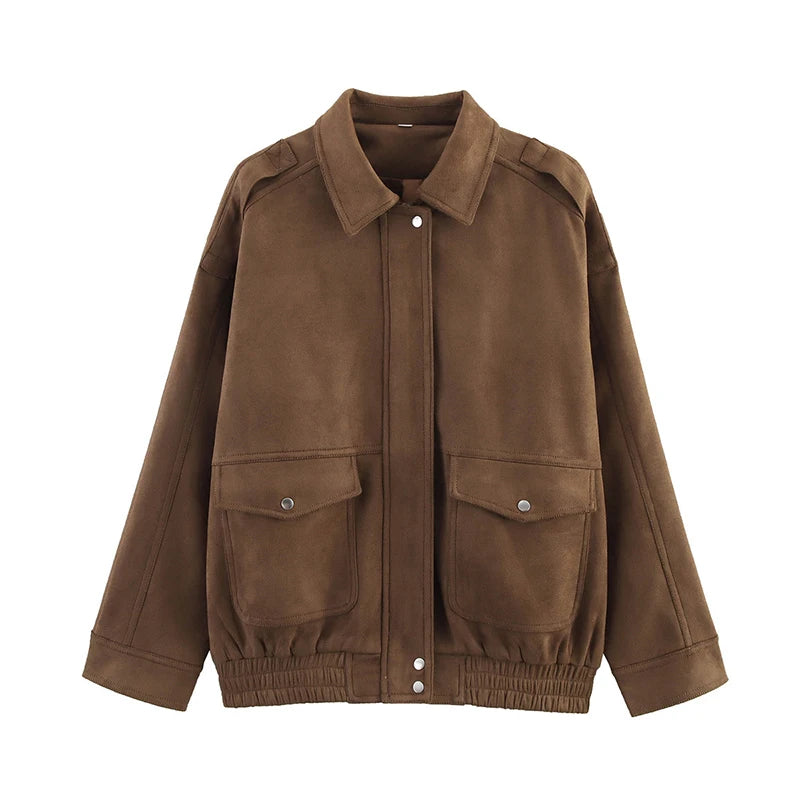 Street Fashion Women's Suede Jacket Loose Khaki Lapel Zipper Long Sleeve Bomber Coat 2025 Autumn Winter New Lady Outwears