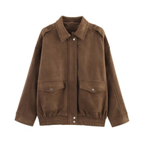 Street Fashion Women's Suede Jacket Loose Khaki Lapel Zipper Long Sleeve Bomber Coat 2025 Autumn Winter New Lady Outwears