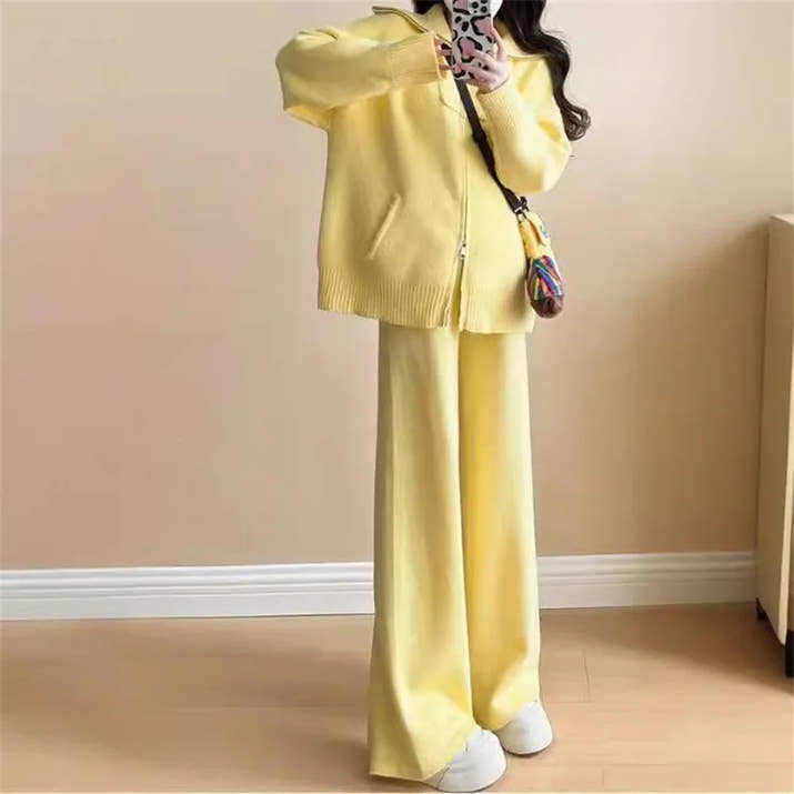 Spring Autumn Fashion Casual Loose Two Piece Set Knitted Zipper Long Sleeve Warm Cardigan Coat+Wide Leg Pants Suit Women Outfit