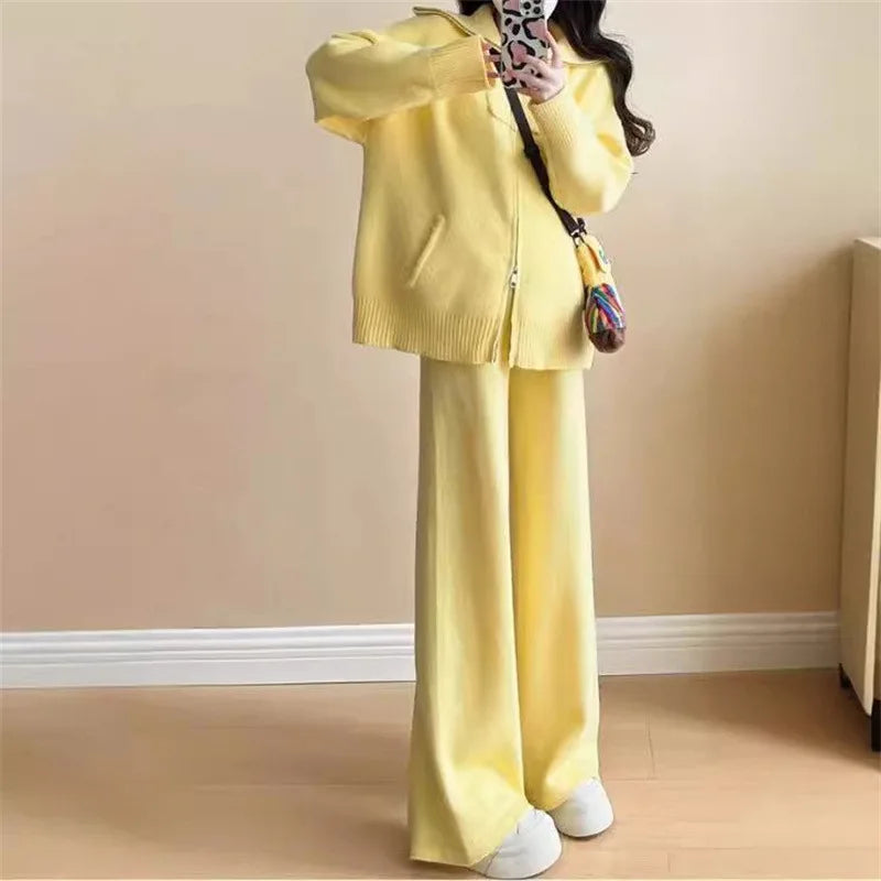 Spring Autumn Fashion Casual Loose Two Piece Set Knitted Zipper Long Sleeve Warm Cardigan Coat+Wide Leg Pants Suit Women Outfit