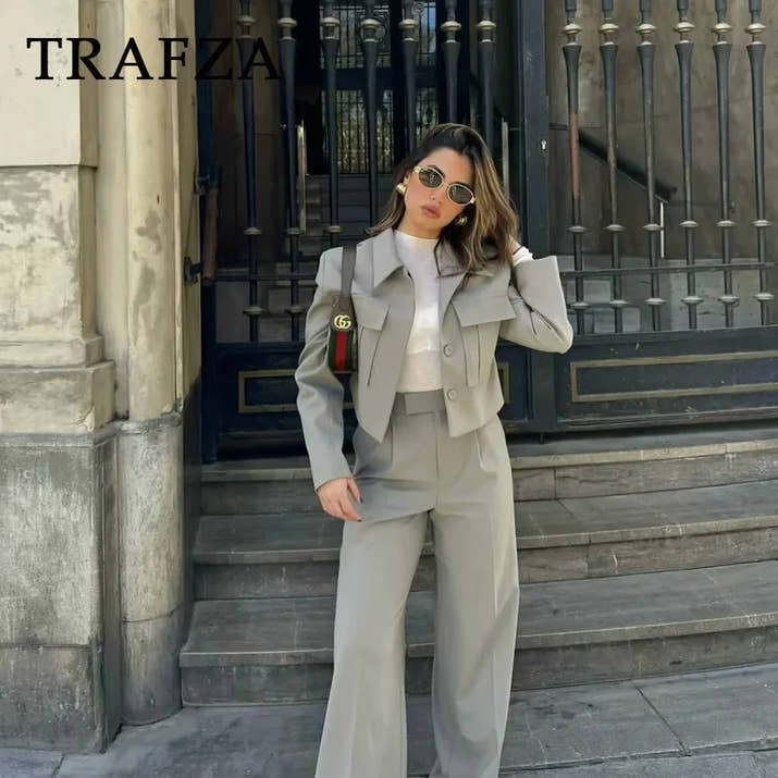 TRAFZA 2025 Fall Winter Women Clothes Green Fashion Streetwear Going Out Outfits Turn-down Collar Jackets Straight Basic Pants