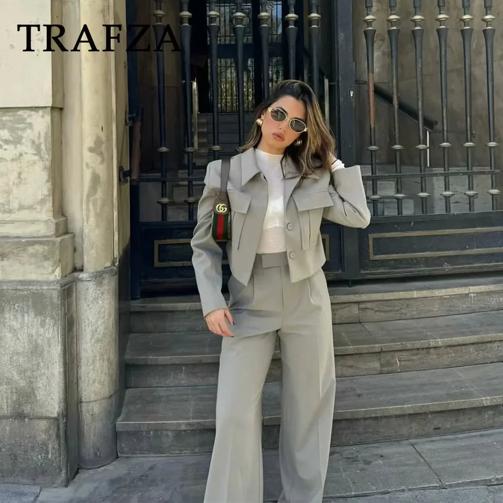 TRAFZA 2025 Fall Winter Women Clothes Green Fashion Streetwear Going Out Outfits Turn-down Collar Jackets Straight Basic Pants