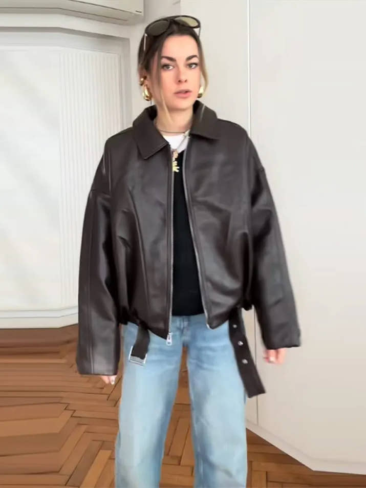 Retro Street Leather Jackets Women Loose Lapel Zipper Long Sleeves Pockets Lace Up Pu Coats Female 2025 Autumn New Chic Outwears