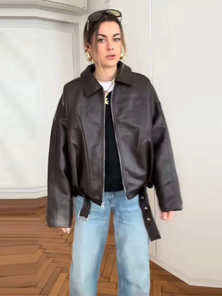 Retro Street Leather Jackets Women Loose Lapel Zipper Long Sleeves Pockets Lace Up Pu Coats Female 2025 Autumn New Chic Outwears