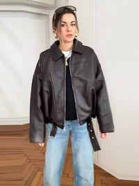 Retro Street Leather Jackets Women Loose Lapel Zipper Long Sleeves Pockets Lace Up Pu Coats Female 2025 Autumn New Chic Outwears